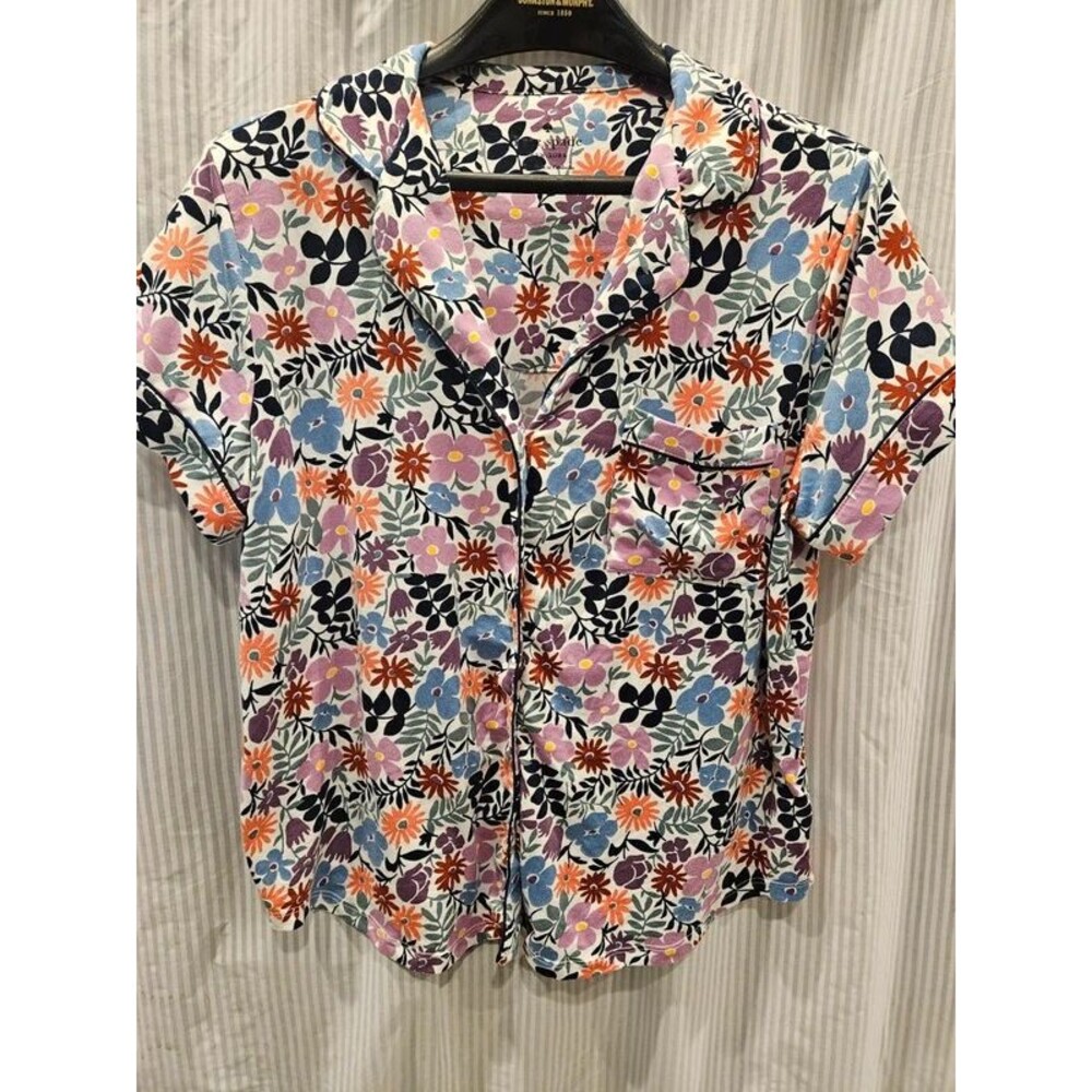 Kate Spade Floral Pajama Top Large Button Front Colorful Short Sleeve Lounge